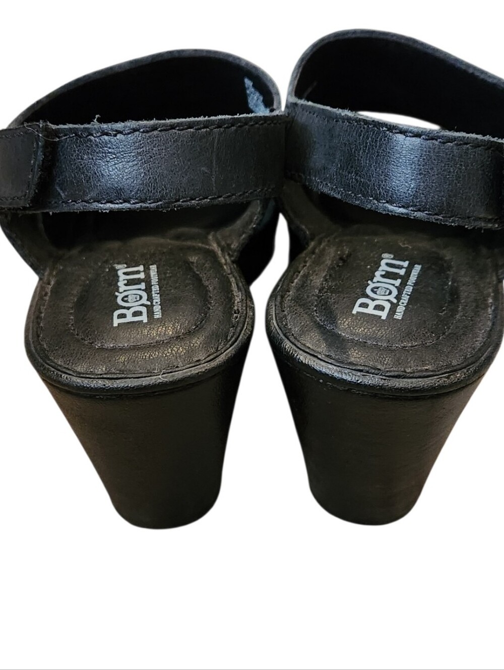 Born Wekiva Black Leather Peep Toe Block Heel Sandals Size 8 Chunky Comfort Shoe - Picture 2 of 9